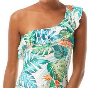 VINCE CAMUTO Tropical Ruffle One-Shoulder Swimsuit. Size 12